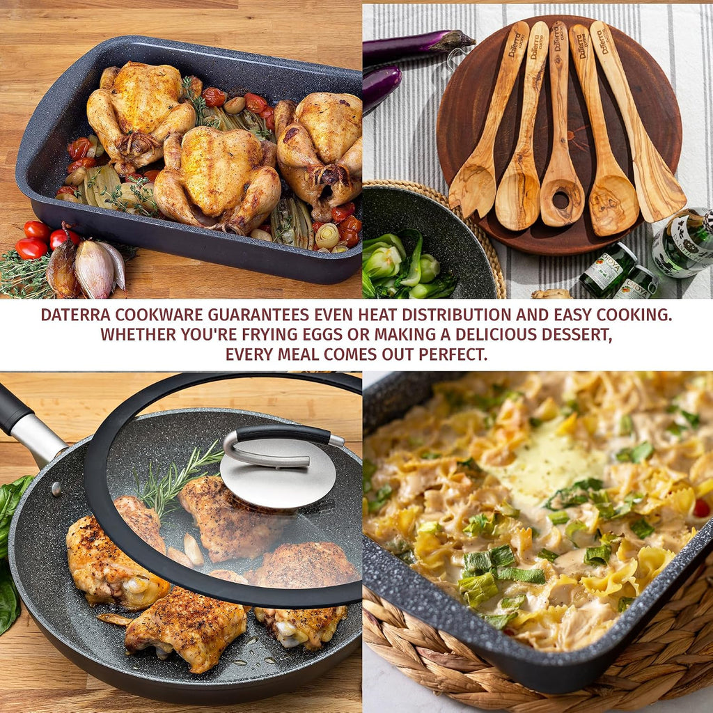 DaTerra Cucina Nonstick Italian Bundle – Roasting & Lasagna Pan, 11' Frying Pan with Lid, 5-Piece Olive Wood Cooking Utensils Set – Oven Safe, PTFE & PFOA Free - Made in Italy, Ceramic