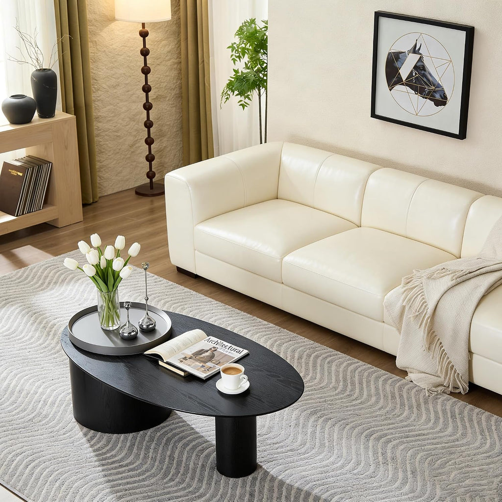 Modern Wooden Oval Coffee Table with Storage, 47.24' Farmhouse Wood Coffee Table Mid Century Boho Curved Center Table with Legs for Living Room Office, Black