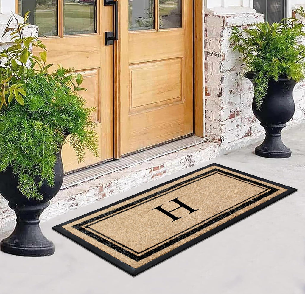 A1 Home Collections Natural Coir & Rubber Hand-Flocked Monogrammed Doormat - Heavy Duty Anti-Shedding Front Door Mat, Thick & Durable Entrance Mat - H, 30' x 60'