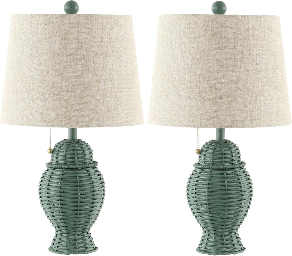 JONATHAN Y 20.5' Green Wicker Table Lamp Set of 2, Bohemian Rustic Farmhouse Bedside Lamps for Living Room, Nightstand Desk Lamps with Beige Linen Shade, LED Bulbs Included (JYL4041C-SET2)