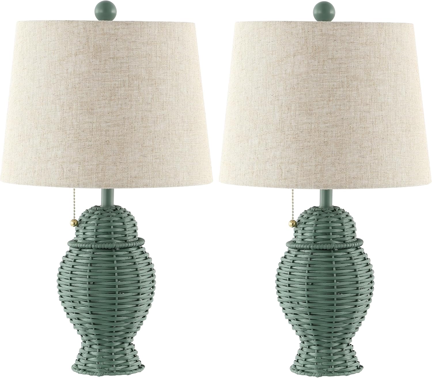 JONATHAN Y 20.5' Green Wicker Table Lamp Set of 2, Bohemian Rustic Farmhouse Bedside Lamps for Living Room, Nightstand Desk Lamps with Beige Linen Shade, LED Bulbs Included (JYL4041C-SET2)