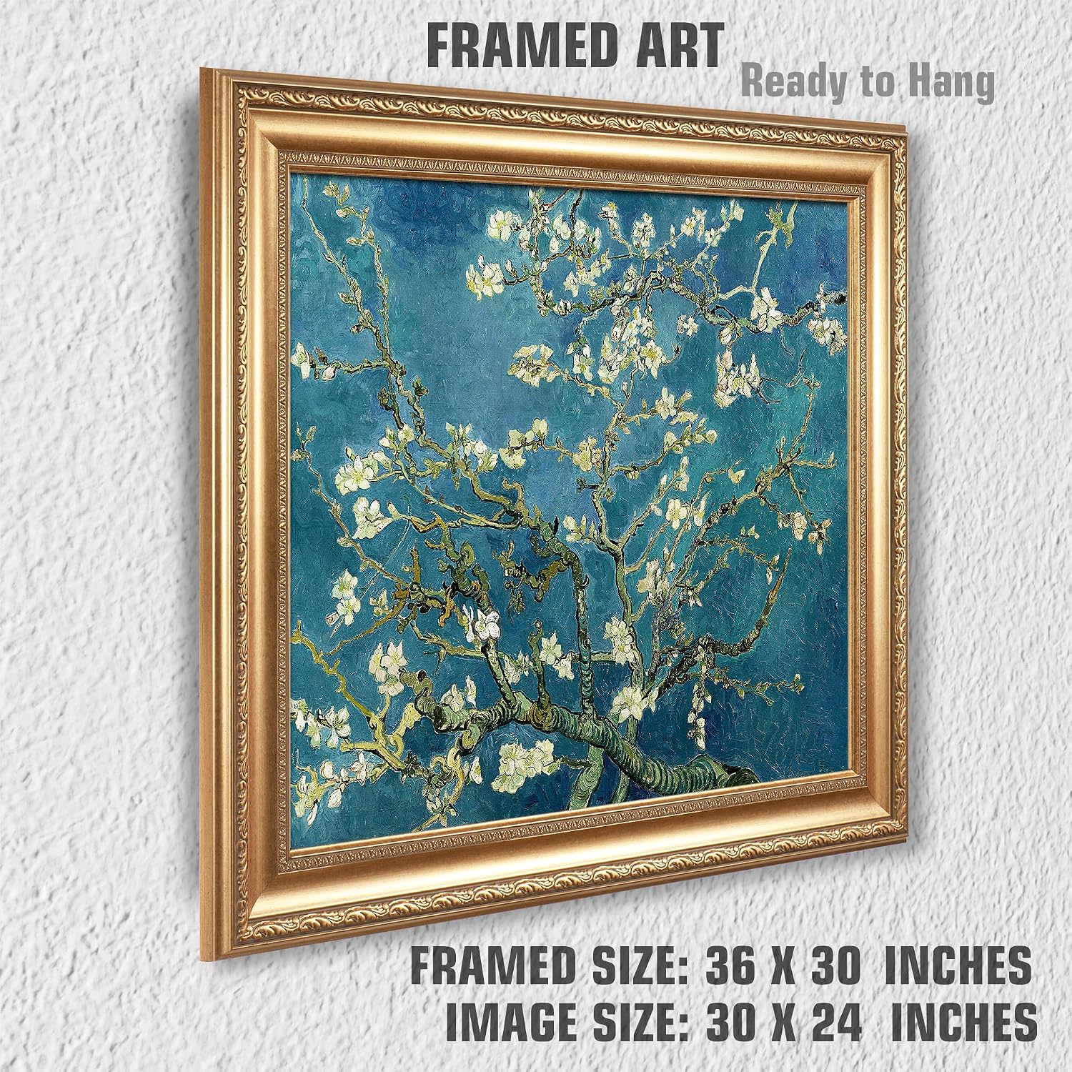 Almond Blossom by Vincent Van Gogh Framed Size:30x36 inches,Image Size:24x30 inches,Golden Frame The World Classic Art Reproductions,Wall Art for Home Decor