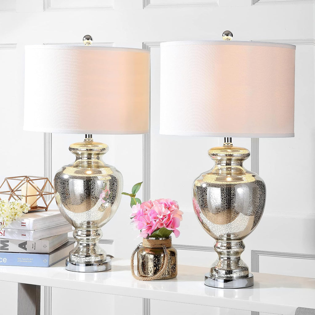 SAFAVIEH Lighting Collection Morocco Mercury Glass 28-inch Table Lamp Set of 2 with USB Charging Port (LED Bulbs Included)