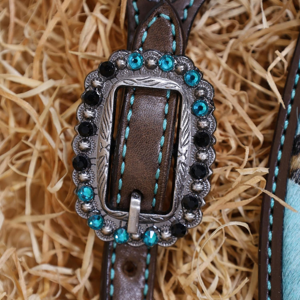 Cheetah Headstall & Breast Collar Tack Set – Gladiator Style with Leopard Print on Leather | Genuine Argentine Cow Leather | Antique Nickel Hardware & Copper Rivet Buckles