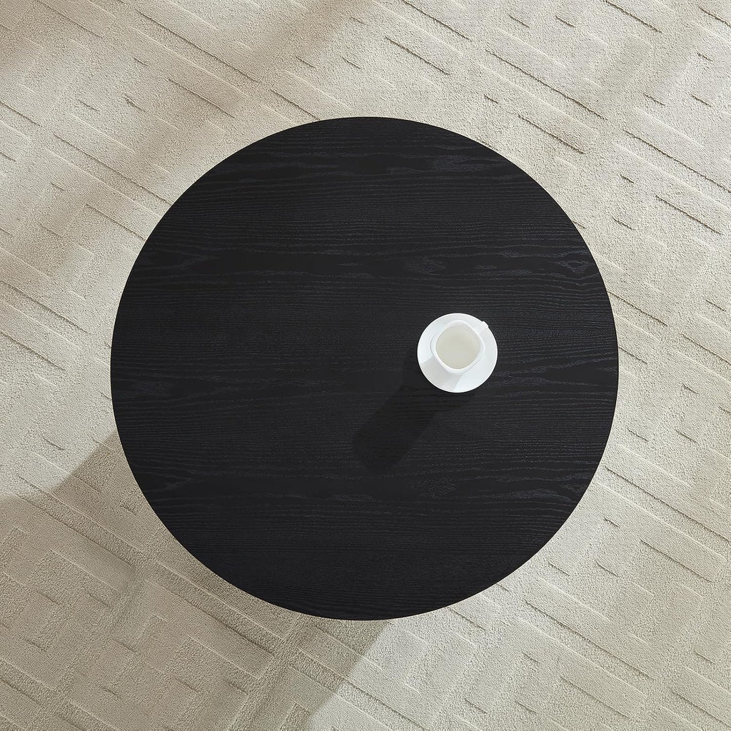 33' Round Coffee Table with Storage, Solid Wood 2 Tier Mid Century Modern Coffee Table with Drawer, Circle Fluted Center Table for Living Room Home Office Small Space, Black