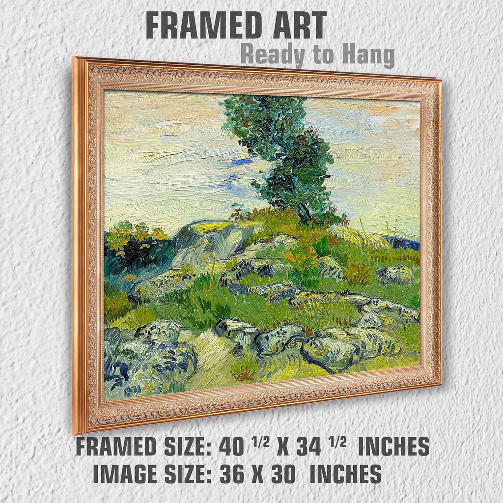 A&T ARTWORK The Rocks by Vincent Van Gogh.Framed Size:40.5x34.5 inches,Image Size:36x30 inches World Classic Reproductions For HomeDecor,Golden Frame