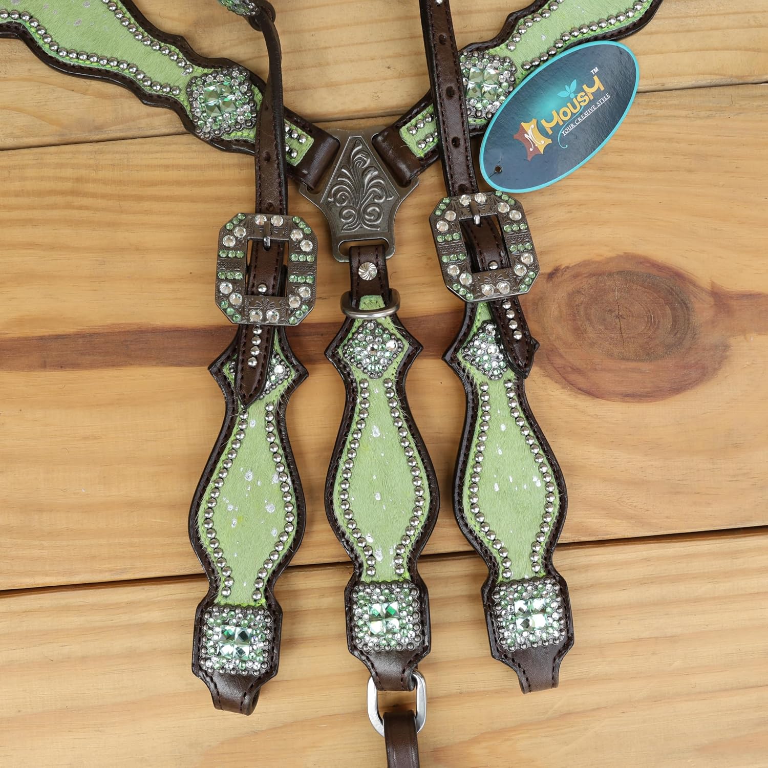 Western Leather Headstall & Breast Collar Set for Horses - Valentine's Day Silver Metallic Cowhide with Rhinestones