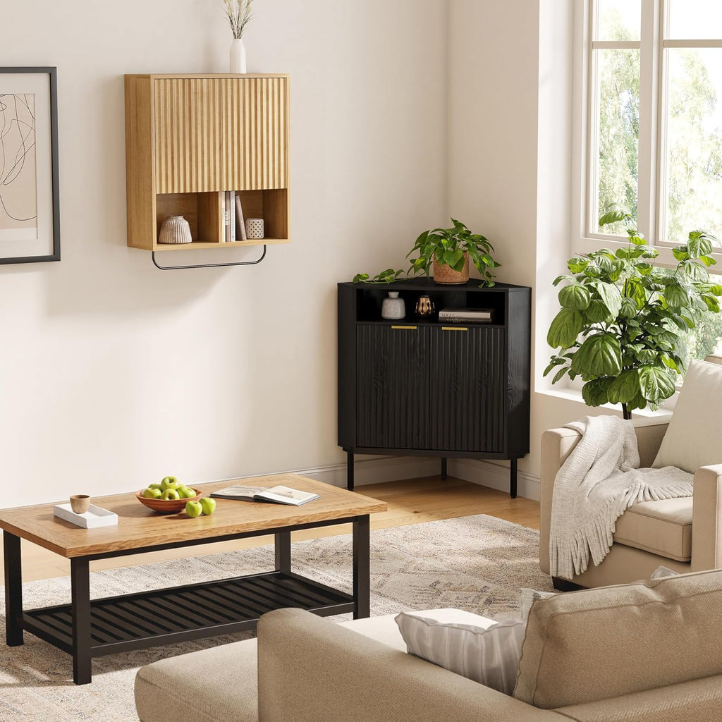 EYYTHUNG Black Corner Cabinet with Open Storage, Fluted Small Corner Floor Cabinet with 2 Doors & Adjustable Shelf, Wooden Freestanding Storage Organizer for Small Space,Living Room, Dining Room