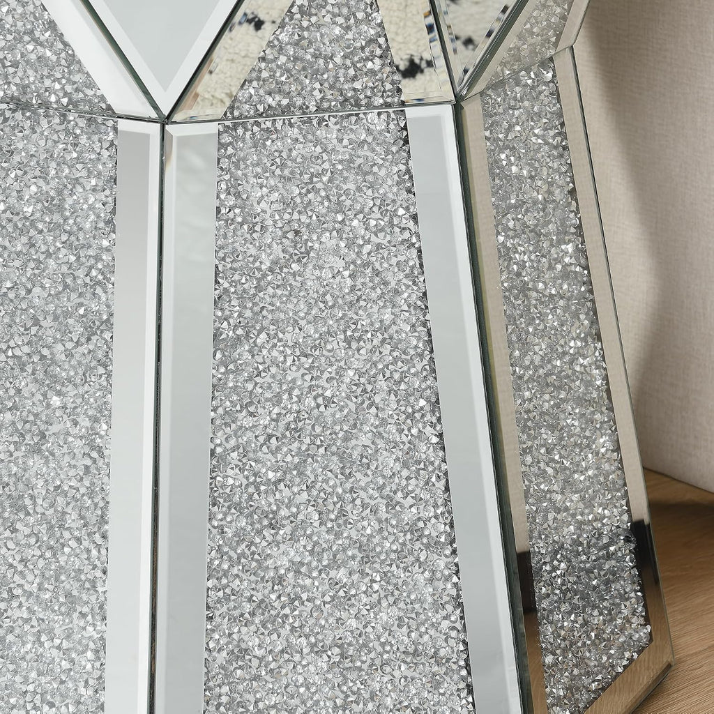 Drum End Table with Mirror Crystal, Silver Decorative Table, Modern Design Luxury Furniture, 20 inch for Living Room