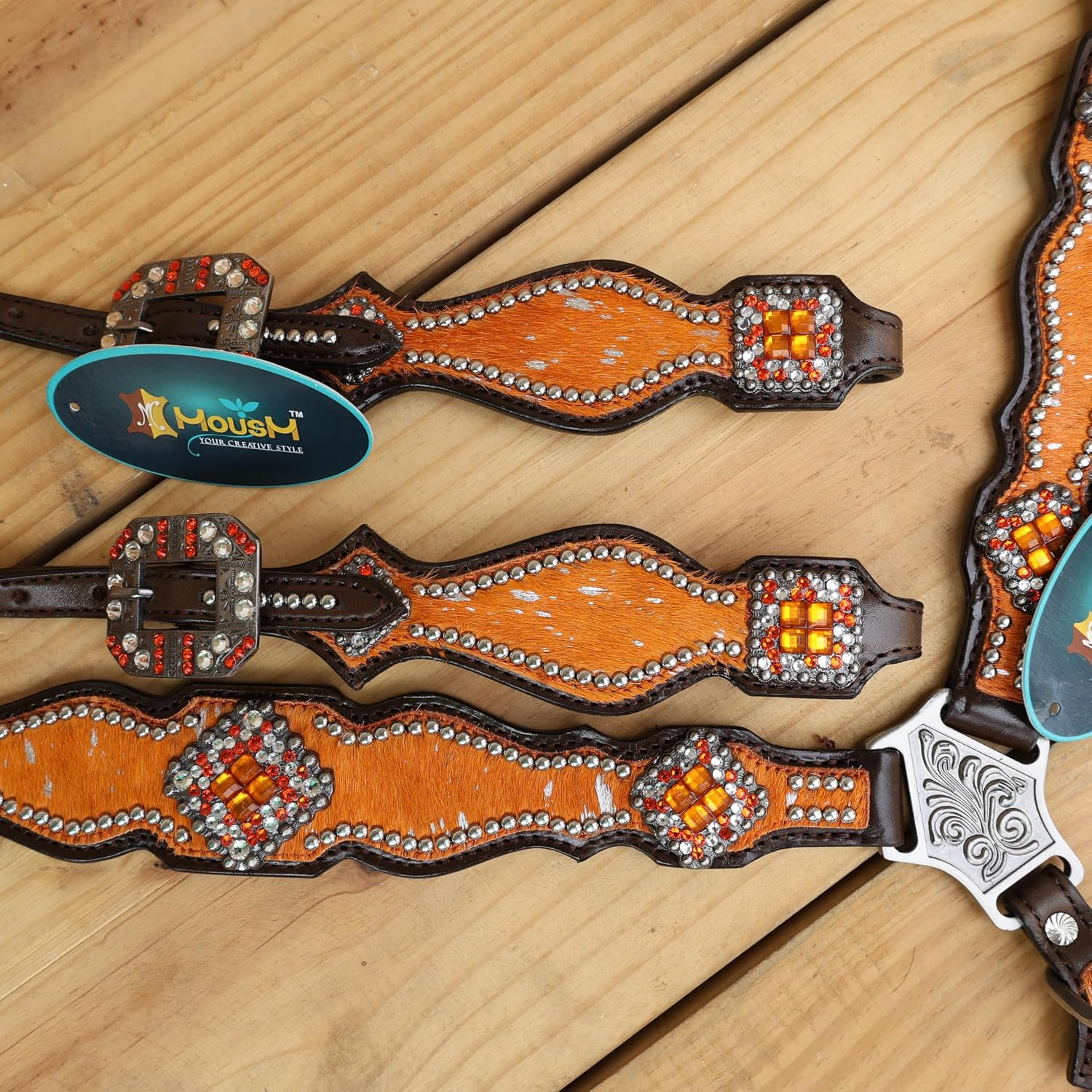 Handmade Western Headstall, Breast Collar, Spur Strap, Wither Strap Tack Set for Horse with Orange and Silver Metallic Acid Wash Cowhide Look