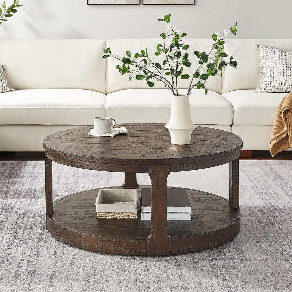 40' Round Coffee Table for Living Room, Circle Coffee Table with Storage Shelf, 2-Tier Wooden Center Tables, Mid Century Farmhouse End Table for Office Apartment Bedroom Home Furniture, Brown
