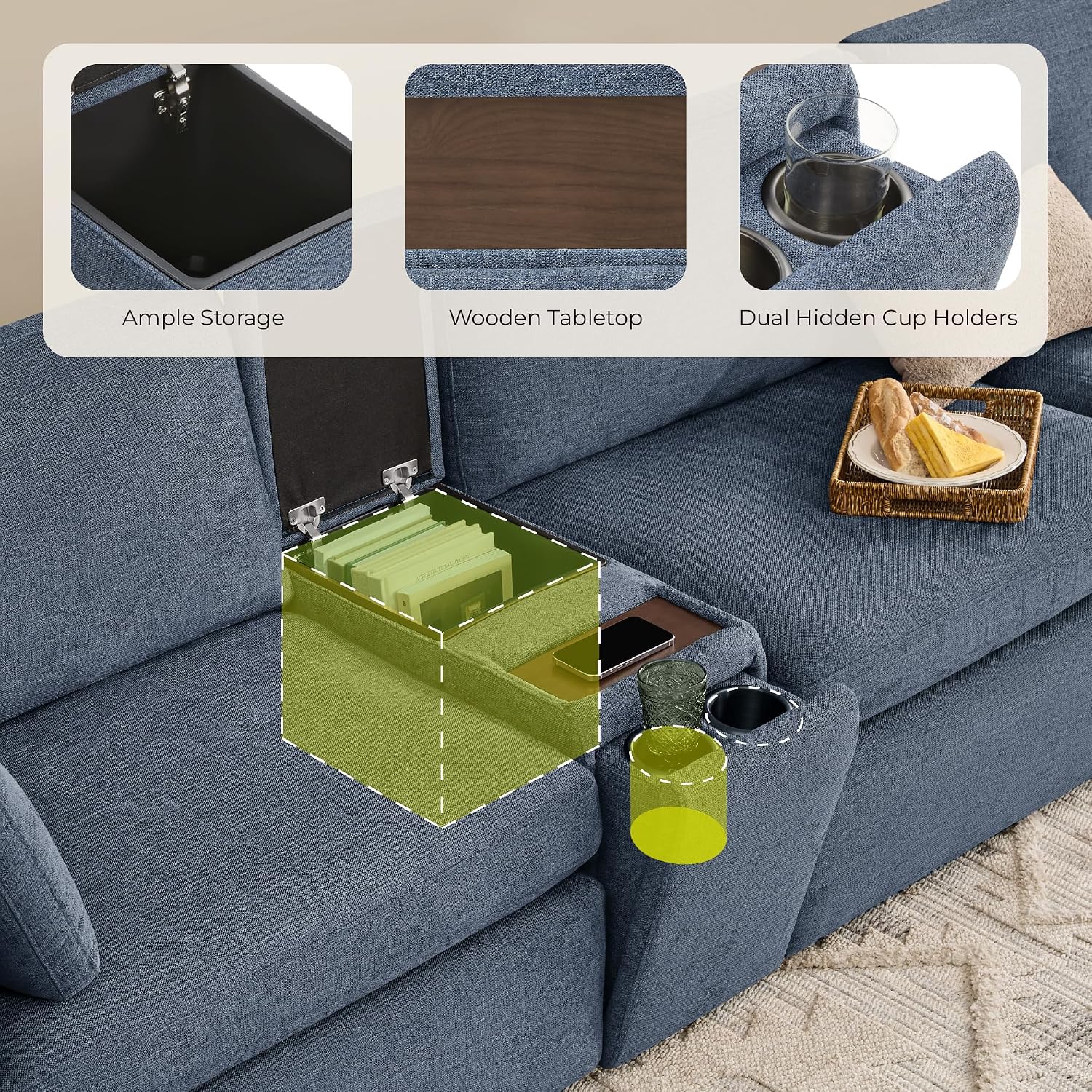 CHITA Versatile Storage Console for Modular Sofa, Multifunctional Side with Dual Cup Holders, Table, No Need Assembly, Blue