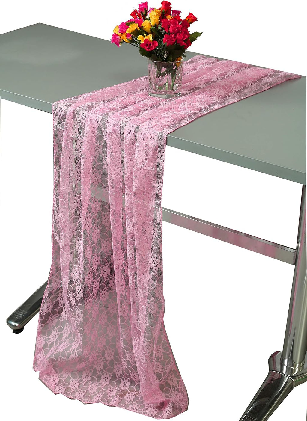 MDS Pack of 12 Wedding 27 x 170 inches Long Sheer lace Table Runner for Wedding Banquets Decorations Birthday Parties, Engagements, Rustic Boho for 14Feet Table Runners - Pink