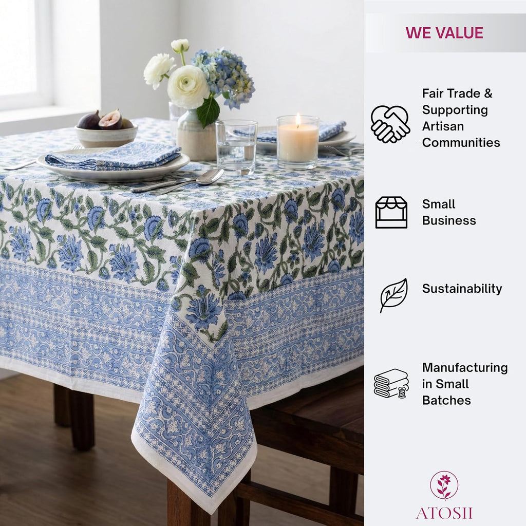 ATOSII Taj 100% Cotton Fall Tablecloth, Handblock Print Rectangle Table Cover for Kitchen Dining Linen I Parties, Thanksgiving, Christmas, Wedding, Table Cloth I 72 X 140 Inches I 12 Seater