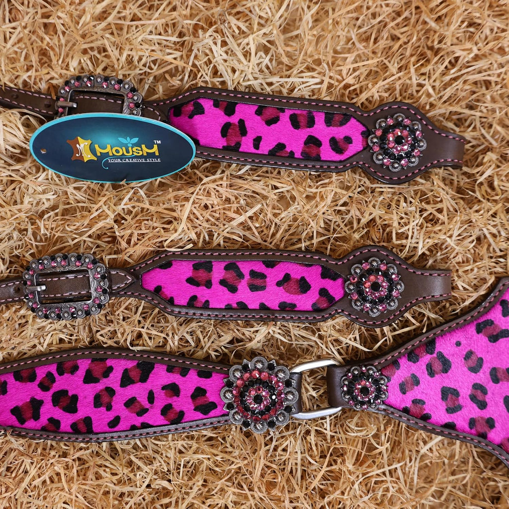 Cheetah Headstall & Breast Collar Tack Set – Gladiator Style with Leopard Print on Leather | Genuine Argentine Cow Leather | Antique Nickel Hardware & Copper Rivet Buckles
