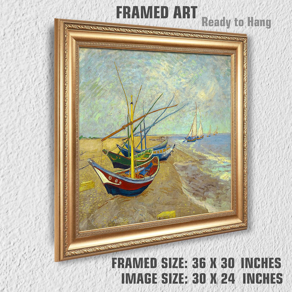 Boats at Saintes Maire by Vincent Van Gogh Framed Size:30x36 inches,Image Size:24x30 inches,Golden Frame The World Classic Art Reproductions,Wall Art for Home Decor