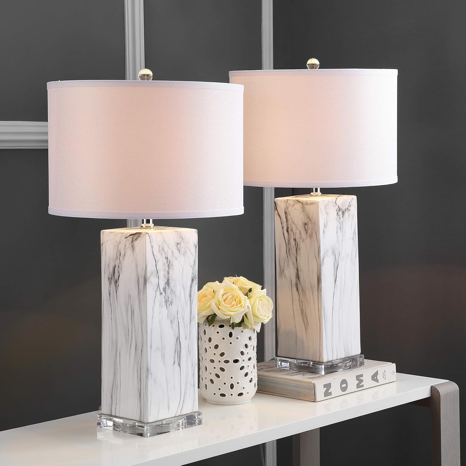 SAFAVIEH Lighting Collection Olympia Black/White 29-inch Table Lamp Set of 2 with USB Charging Port (LED Bulbs Included)