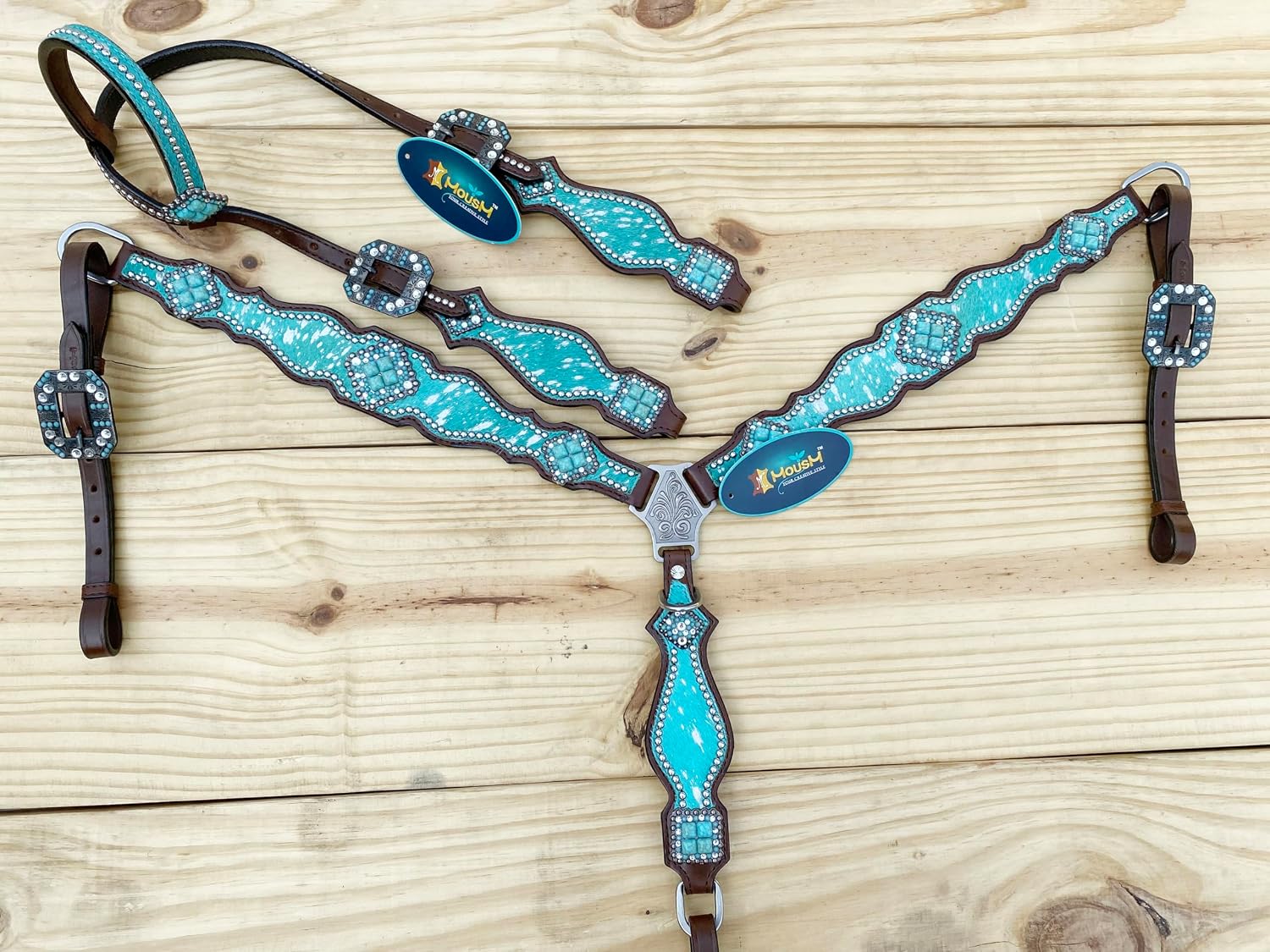 Western Leather Headstall & Breast Collar Set for Horses - Valentine's Day Silver Metallic Cowhide with Rhinestones