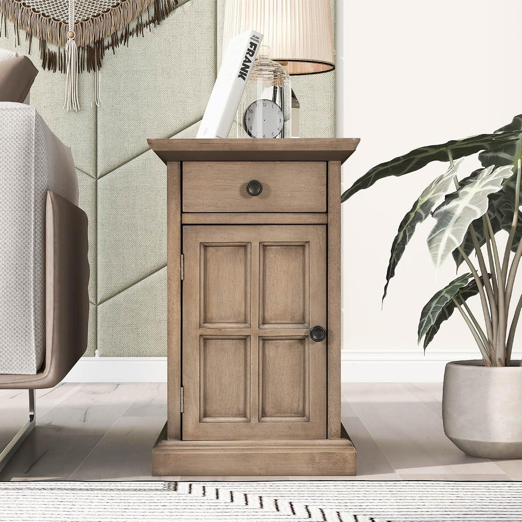 Multifunctional Classic Vintage End Table with USB Ports and 1 Drawer with Cup Holders, Sofa Side Table Bedside Nightstand Narrow Table for Living Room Bedroom (Antique Brown)