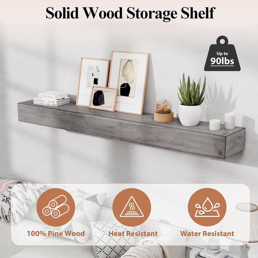 60 Inch Fireplace Mantel Shelf - 8' Deep Solid Wood Floating Mantel for Over Fireplace - 90LBS with Invisible Bracket - Handcrafted TV Decor for Livingroom & Bedroom - Charred Rustic Gray