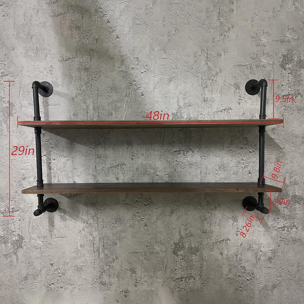 ROGMARS Industrial Pipe Solid Wooden Floating Book Shelves for Living Room Wall Shelving Kitchen Wall Shelves Bar Shelving 48 inch Rustic Farmhouse Shelves 2 Tier