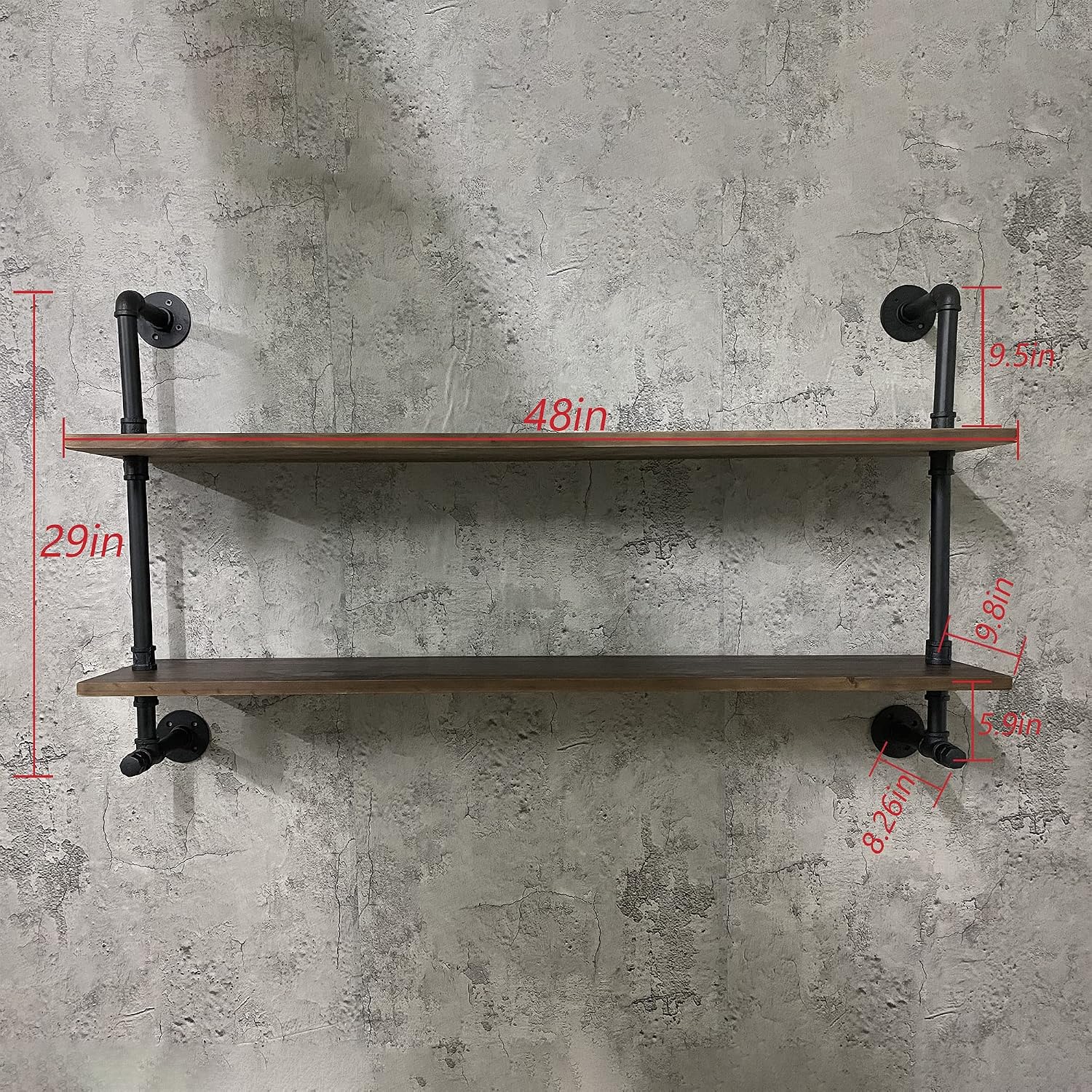 ROGMARS Industrial Pipe Solid Wooden Floating Book Shelves for Living Room Wall Shelving Kitchen Wall Shelves Bar Shelving 48 inch Rustic Farmhouse Shelves 2 Tier