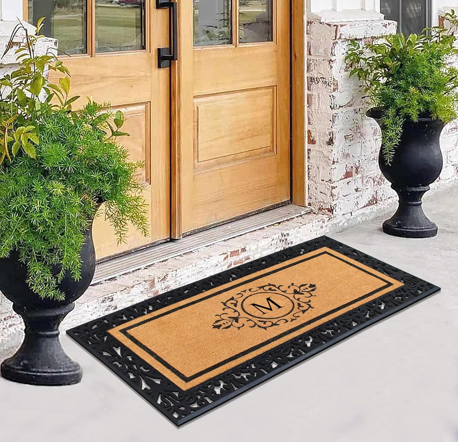 A1HC Natural Coir Doormat for Outside Entrance, Anti-Shed Treated Front Door Mat 30' x 60', Long Lasting Front Porch Entry Matt Monogrammed - M (Floral Black)