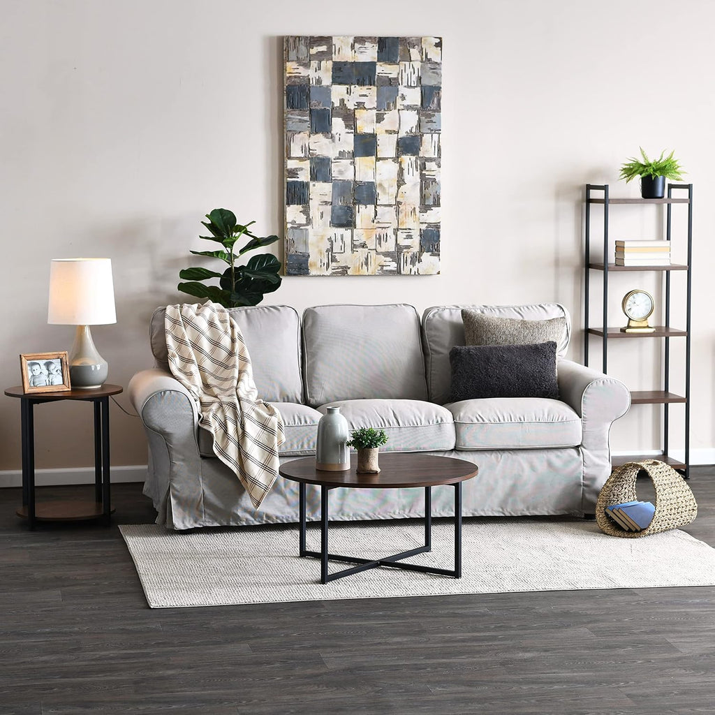 Household Essentials Narrow 5‑Shelf Open Storage Bookshelf, Mid‑Century Walnut Wood Grain with Black Metal Frame