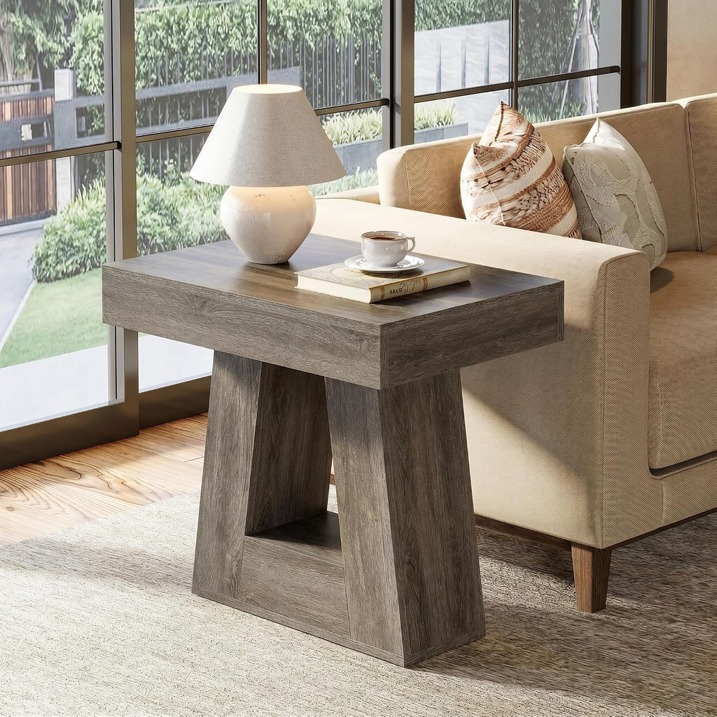 Tribesigns 24' Modern Side Table, 2-Tier Narrow Wooden End Table with Trapezoid Base, Farmhouse Small Nightstand for Living Room, Bedroom (2, Gray)