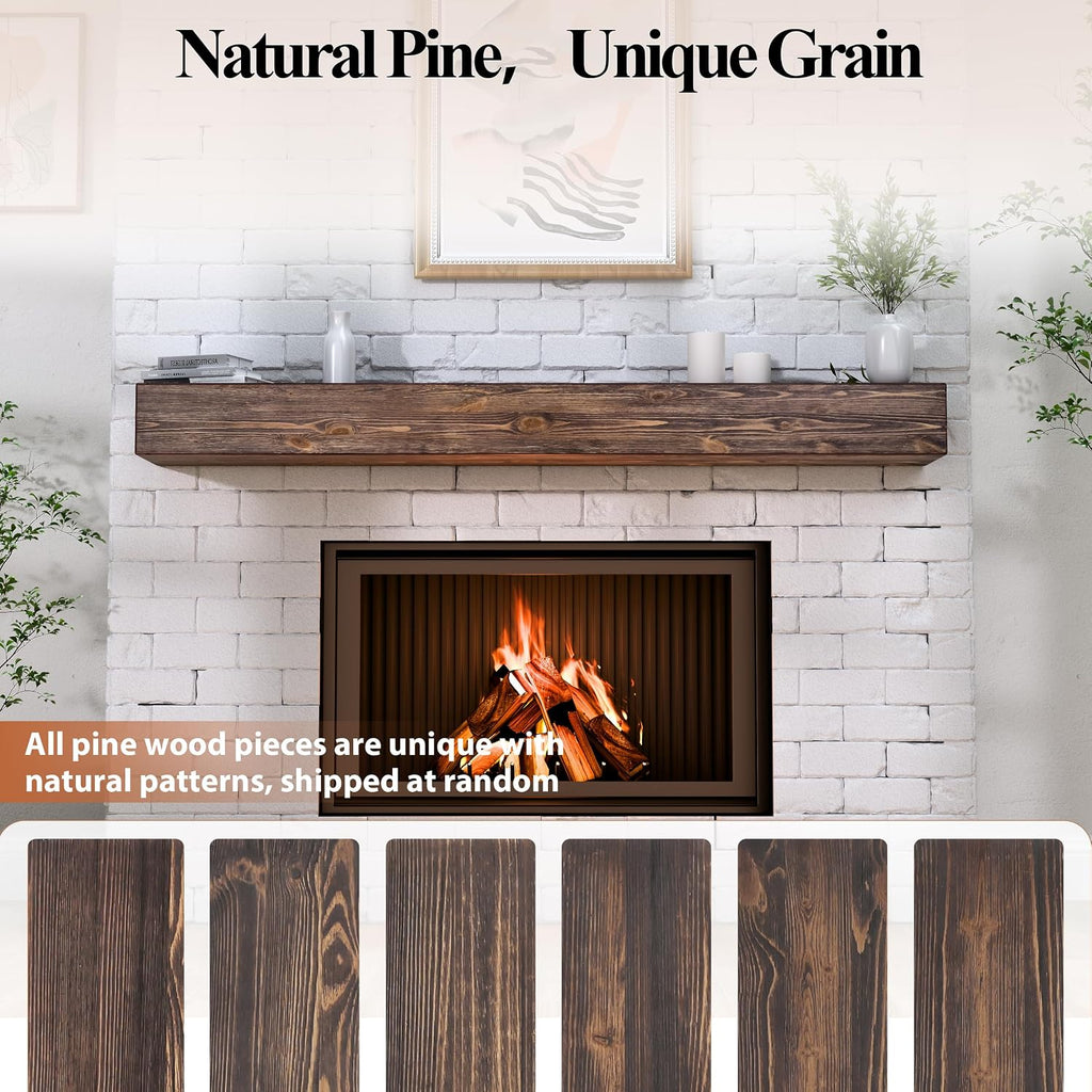 66 Inch Fireplace Mantel Shelf - 8' Deep Solid Wood Floating Mantel for Over Fireplace - 90LBS with Invisible Bracket - Handcrafted TV Decor for Livingroom & Bedroom - Charred Rustic Brown