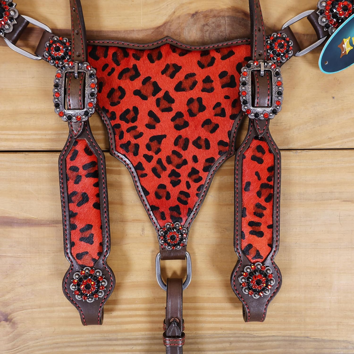 Cheetah Headstall & Breast Collar Tack Set – Gladiator Style with Leopard Print on Leather | Genuine Argentine Cow Leather | Antique Nickel Hardware & Copper Rivet Buckles