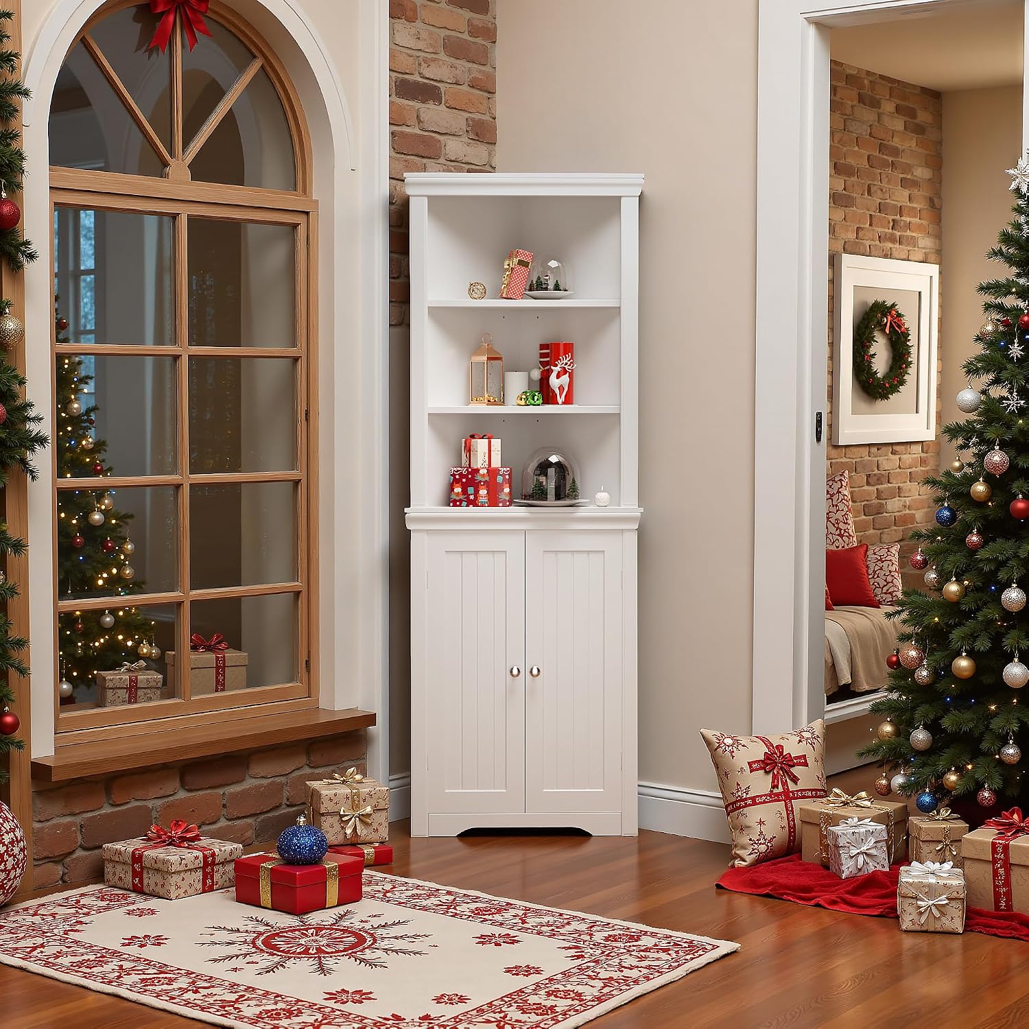 Furmax 62' Corner Cabinet, Bathroom Storage Cabinet with 6 Adjustable Shelves & 2 Doors, Freestanding Corner Shelf for Living Room, Bathroom, Kitchen (White)