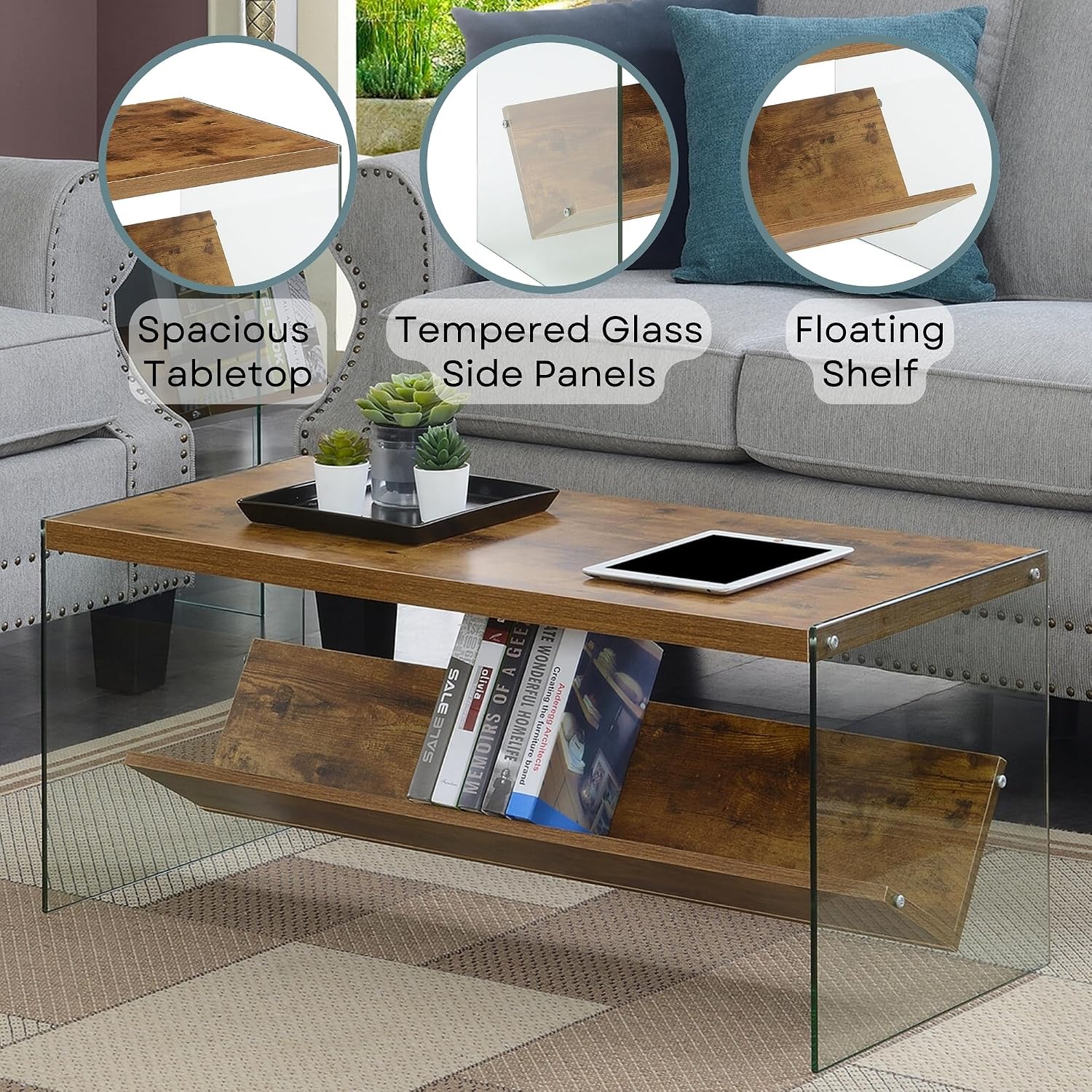 Convenience Concepts SoHo Glass Coffee Table 40' - Modern Living Room Table with Storage Shelf, Contemporary Coffee Table for Family Room, Barnwood