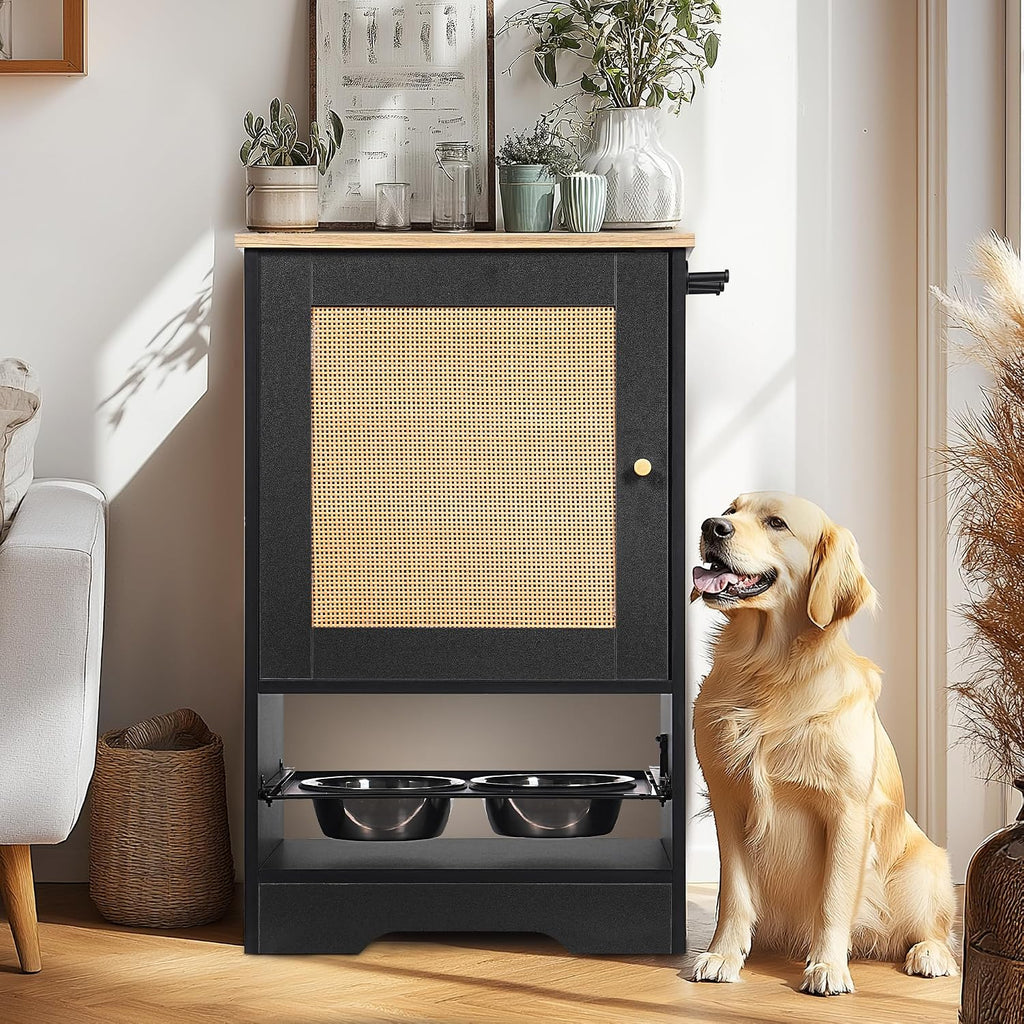 Dog Feeder Station Storage Cabinet, Pet Feeding Station with Storage, Dog Food Station Furniture with Feeding Bowls, Pull Out Elevated Dog Bowls, Pet Dog & Cat Food Storage Organizer