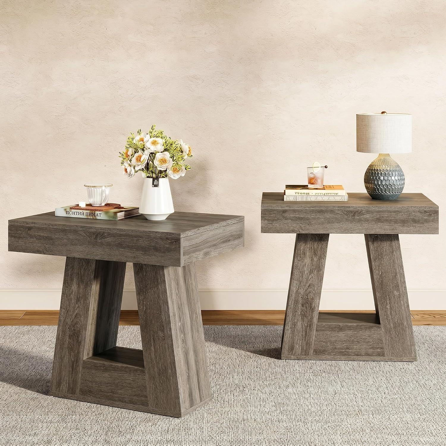 Tribesigns 24' Modern Side Table, 2-Tier Narrow Wooden End Table with Trapezoid Base, Farmhouse Small Nightstand for Living Room, Bedroom (2, Gray)