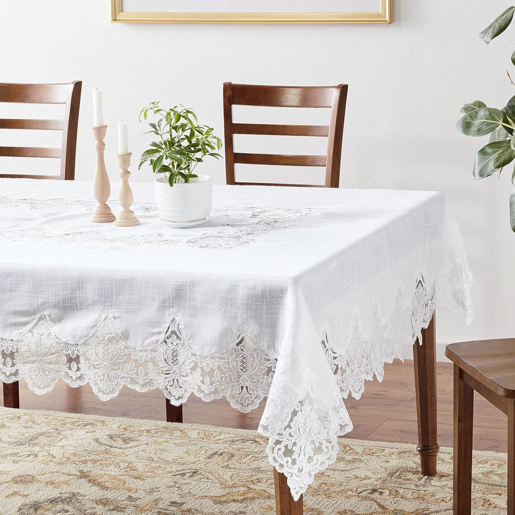 Violet Linen Imperial Embroidered Vintage Lace Design Oblong/Rectangle Tablecloth, 60' x 84', White