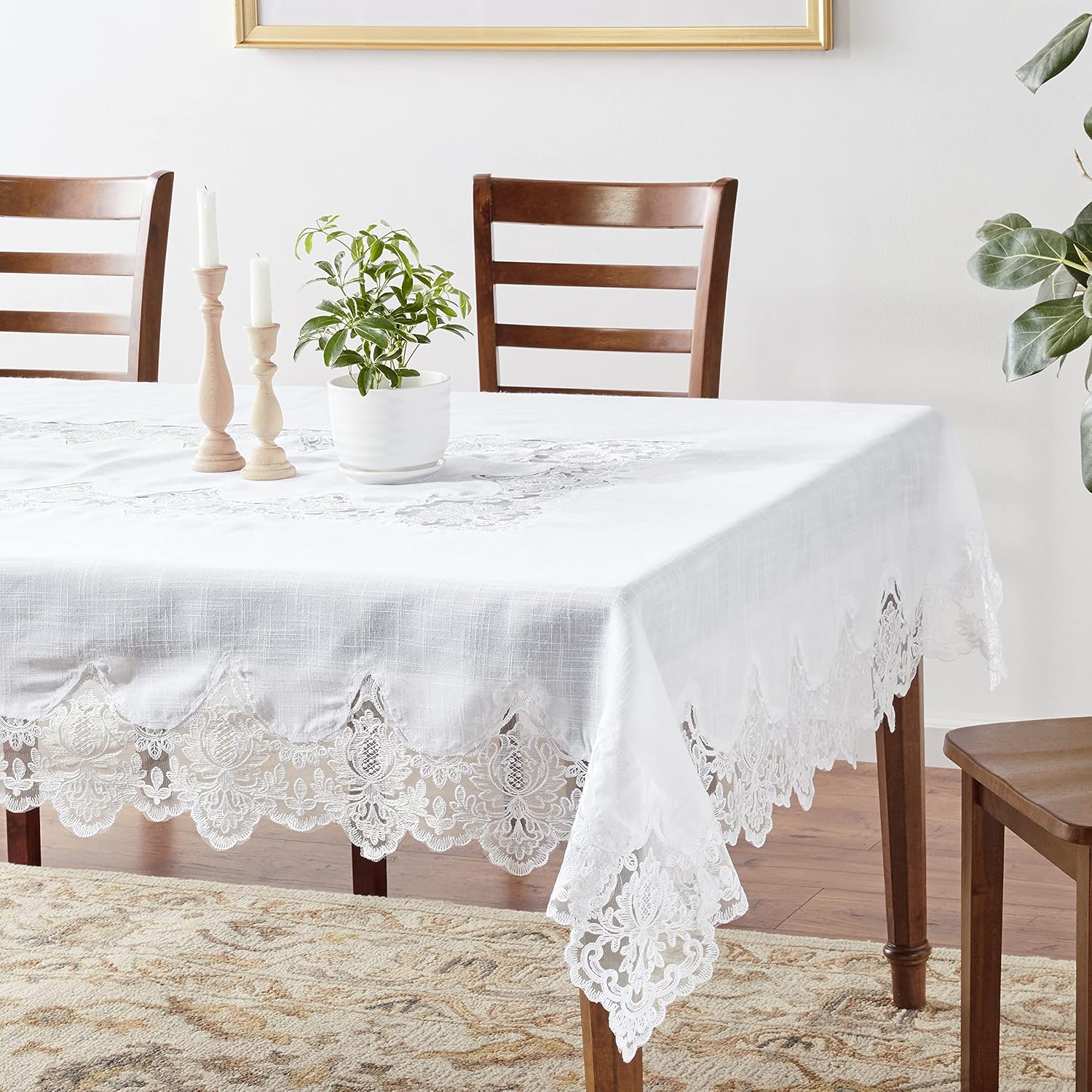 Violet Linen Imperial Embroidered Vintage Lace Design Oblong/Rectangle Tablecloth, 60' x 84', White
