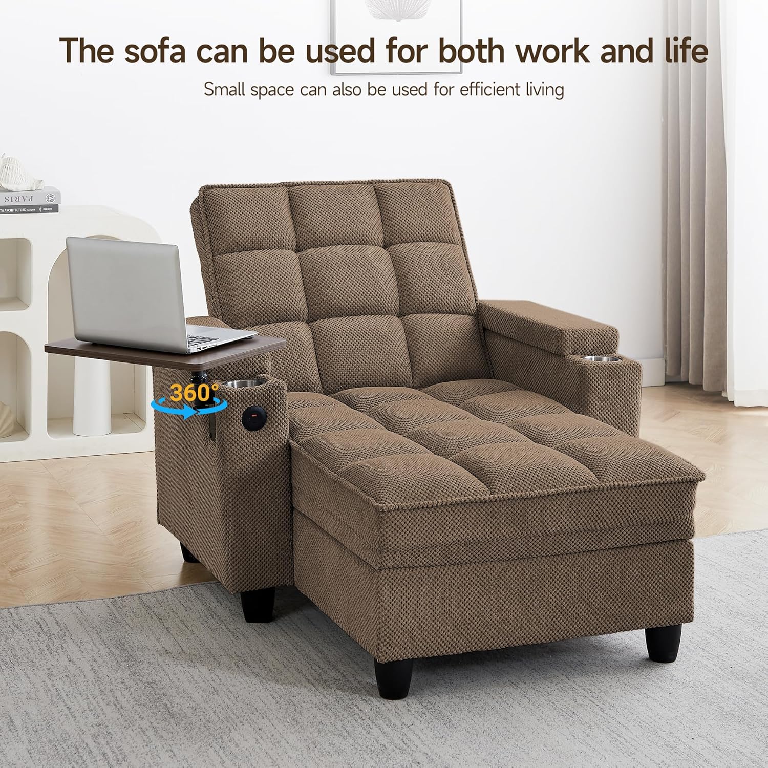 Oversized Recliner Chair with Swivel Tray Table, Modern Tufted Linen Fabric Single Sofa with Cup Holders & USB Port, 660 LBS Heavy Duty Reclining Chair for Living Room, Home Theater & Bedroom (41.7'')