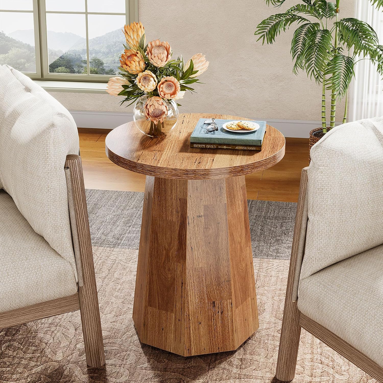 Tribesigns Farmhouse Round End Table, Wooden Couch Side Table with Octagonal Base, Rustic Brown Nightstand Pedestal Accent Furniture for Living Room, Bedroom (Set of 2, Walnut)