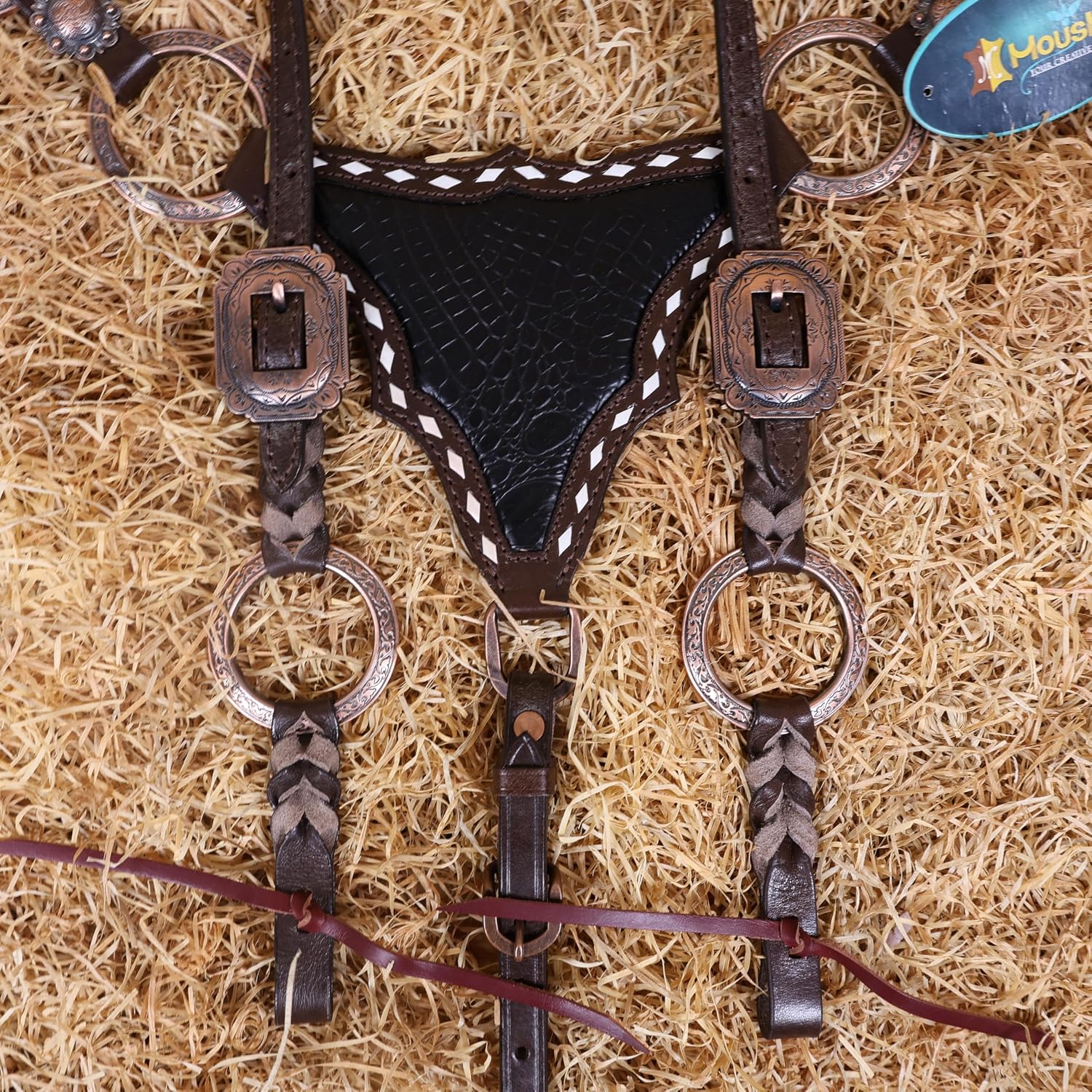Western Ring Headstall and Breast Collar Set – Copper Rings, Black Alligator Leather Braiding & Cowhide Buck Stitching – Argentina Cow Leather, Antique Copper Hardware
