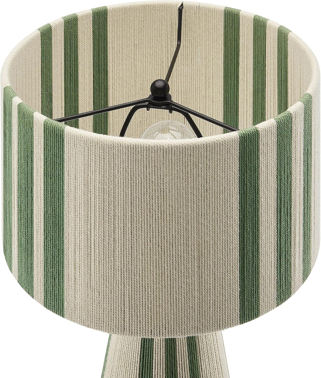Modway Gia Vintage Modern Cotton Thread Table Lamp in Basil Green - Unique Retro Boho Accent Lamp with Metal Base and Repeating Stripes Design