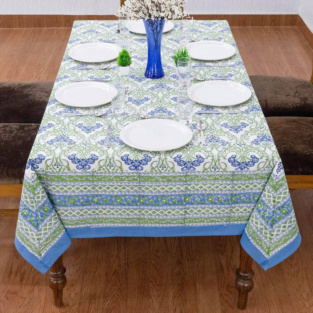 Home Spun & Crafts 72x190 Inches Rectangle Hand Block Printed Cotton Tablecloth, Green Blue Floral Table Cloths Washable, Indian Table Linen Thanksgiving Dining Fall Outdoor
