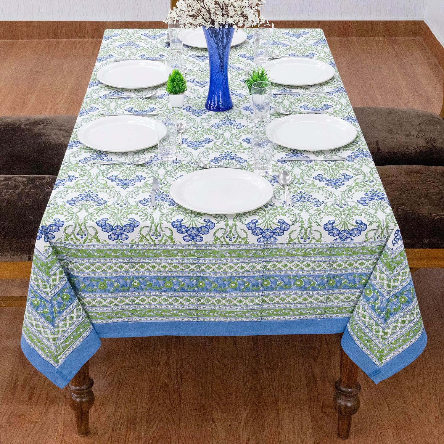 Home Spun & Crafts 72x190 Inches Rectangle Hand Block Printed Cotton Tablecloth, Green Blue Floral Table Cloths Washable, Indian Table Linen Thanksgiving Dining Fall Outdoor