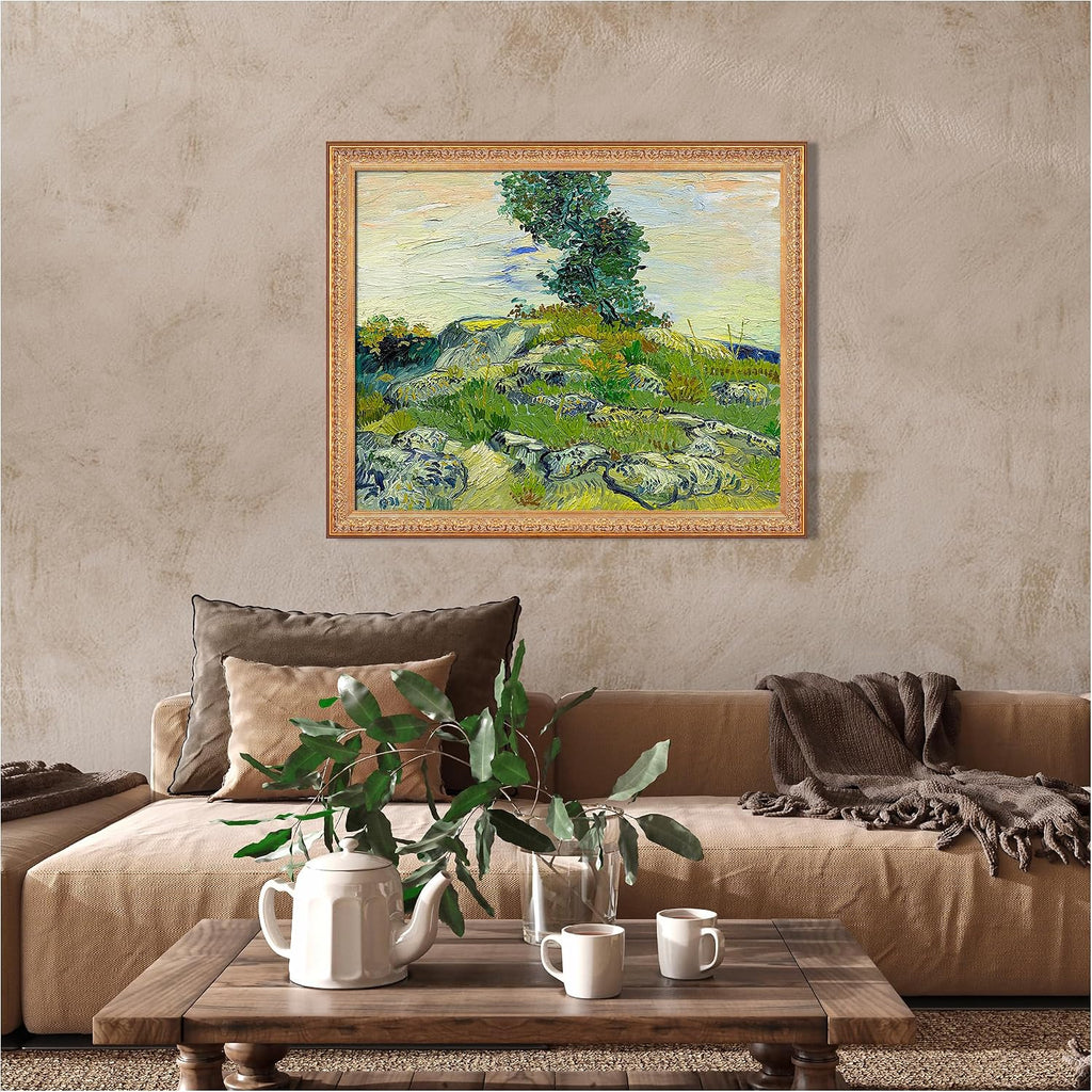 A&T ARTWORK The Rocks by Vincent Van Gogh.Framed Size:40.5x34.5 inches,Image Size:36x30 inches World Classic Reproductions For HomeDecor,Golden Frame