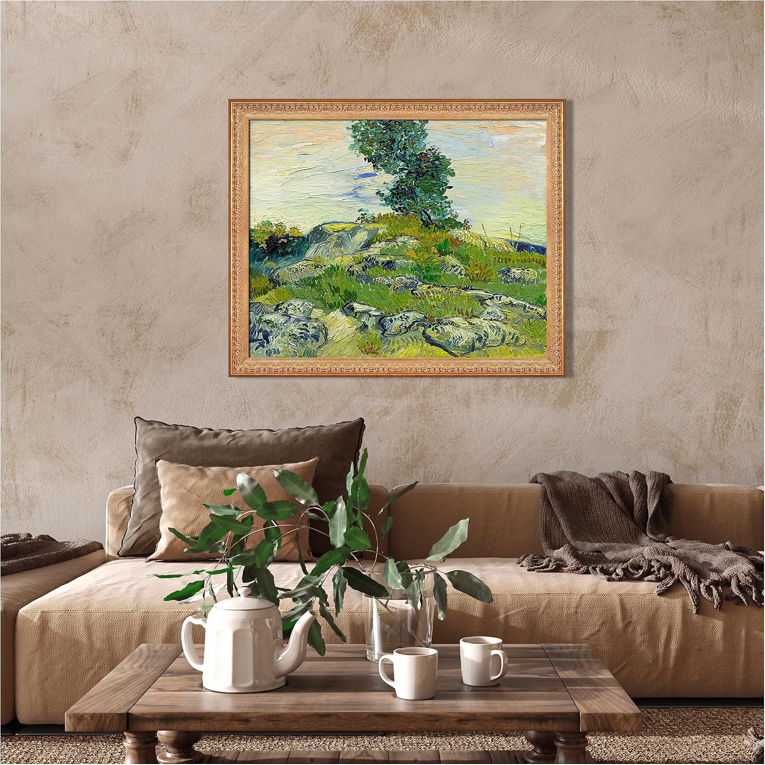 A&T ARTWORK The Rocks by Vincent Van Gogh.Framed Size:40.5x34.5 inches,Image Size:36x30 inches World Classic Reproductions For HomeDecor,Golden Frame