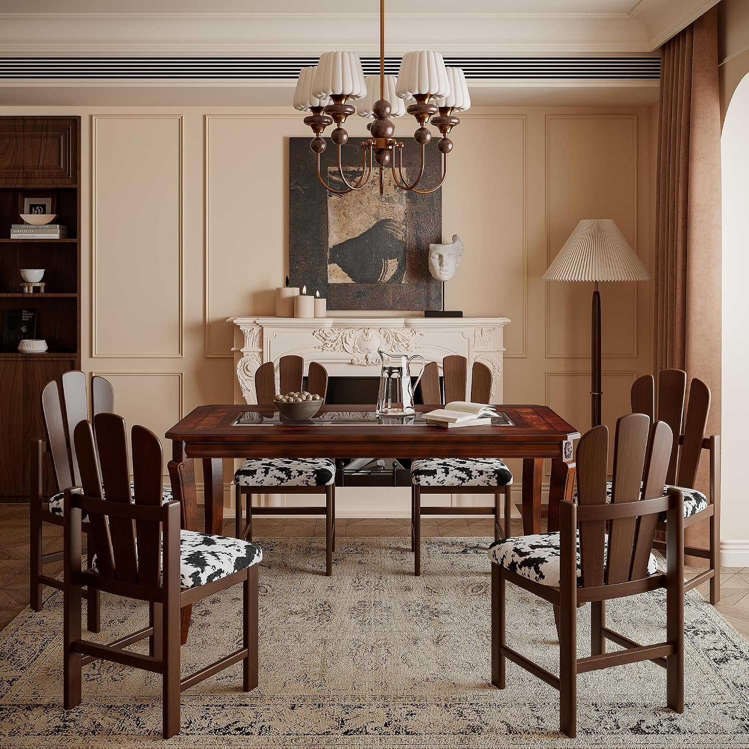 Rectangular Glass Dining Table 59' with Cherry Veneer Frame and Solid Wood Legs, for 4-6 People Tempered Glass Tabletop for Dining Room or Kitchen,Easy Assemble, Cherry Brown, CZ-A1168-GT
