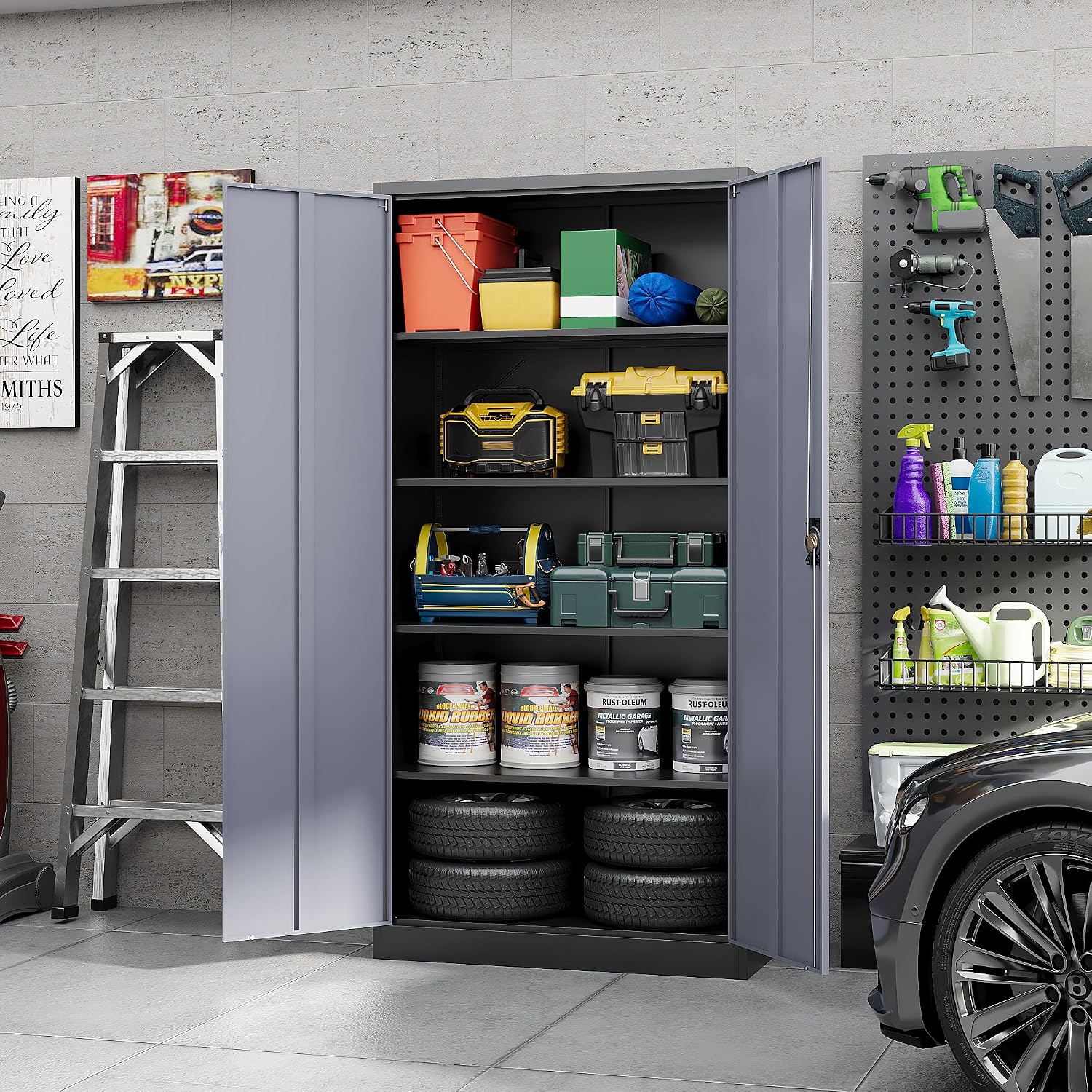 Yizosh Metal Garage Storage Cabinet with Lock, 72' Locking Tool Cabinets with 2 Doors and 4 Shelves, Heavy Duty File Cabinet for Office, School (Gray Black)