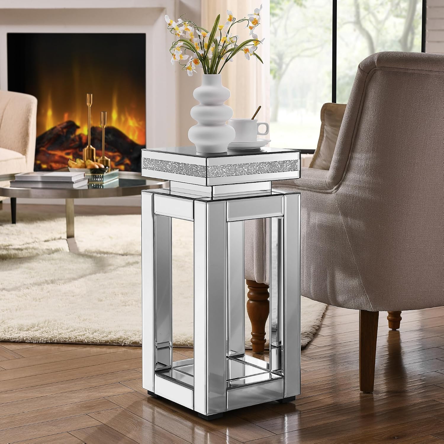 Mirrored End Table Square with Crystals, 2-Tier Modern Small Sofa Table with Storage, Silver Accent Table for Living Room, Bedroom, Coffee, and Small Spaces