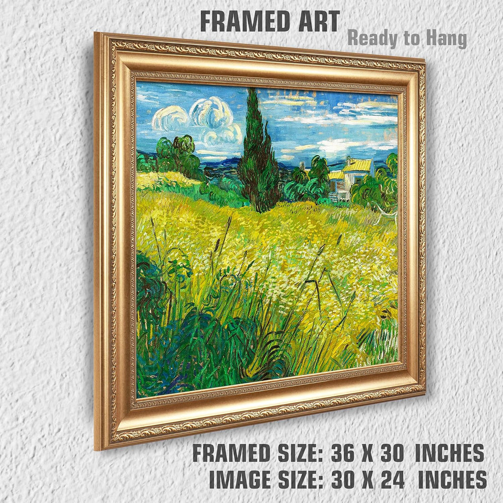 Green Wheat Field with Cypress by Vincent Van Gogh Framed Size:30x36 inches,Image Size:24x30 inches,Golden Frame The World Classic Art Reproductions,Wall Art for Home Decor