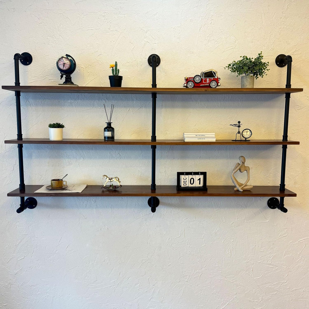 ROGMARS Industrial Pipe Wall Shelves Pipe Shelving with Real Wood Plank,70 Inches Floating Shelves for Wall Farmhouse Pipe Book Shelves Dark Brown 3Tier for Kitchen,Living Room Decor and Bar Shelving